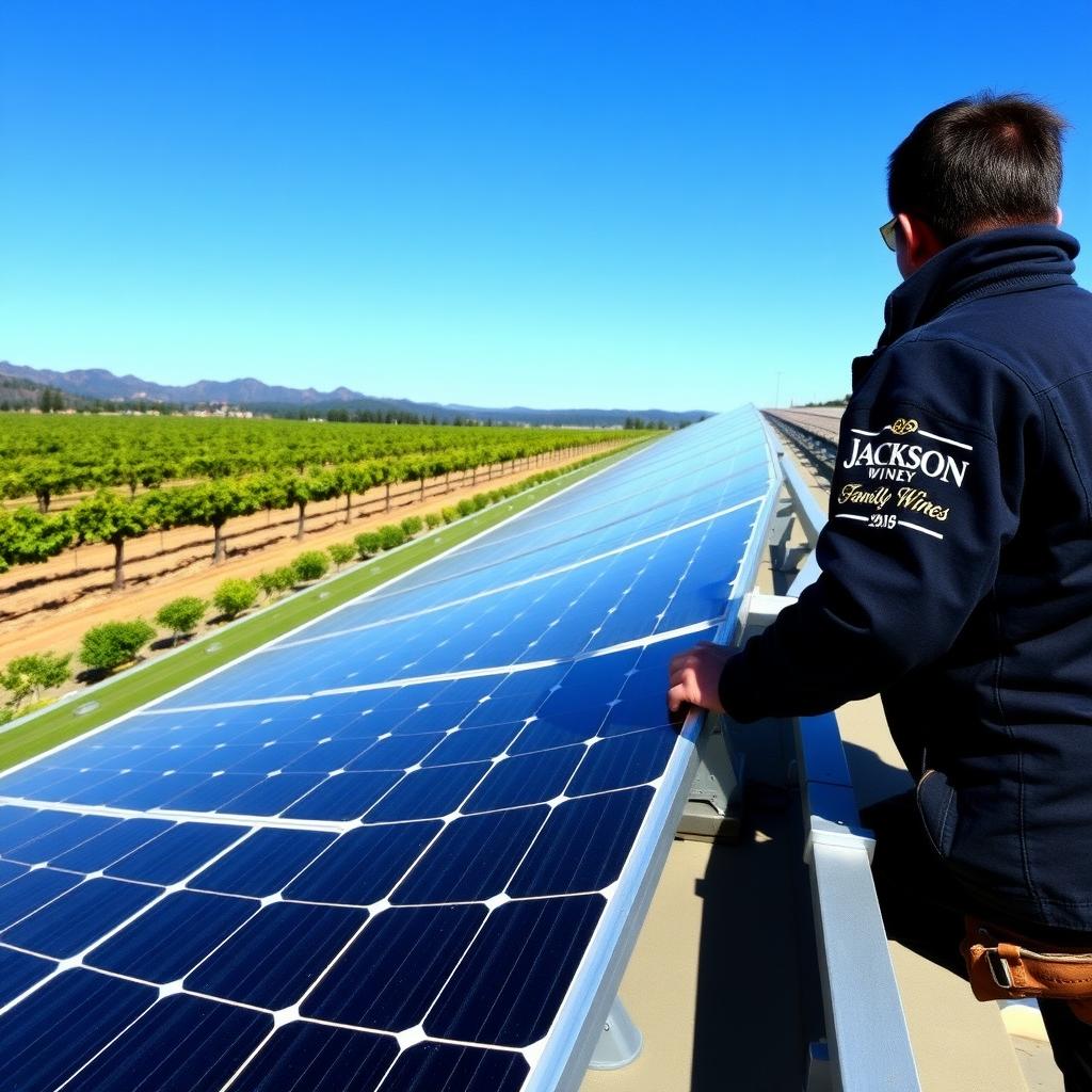Solar panels on a Napa Valley winery roof with grapevines in the background