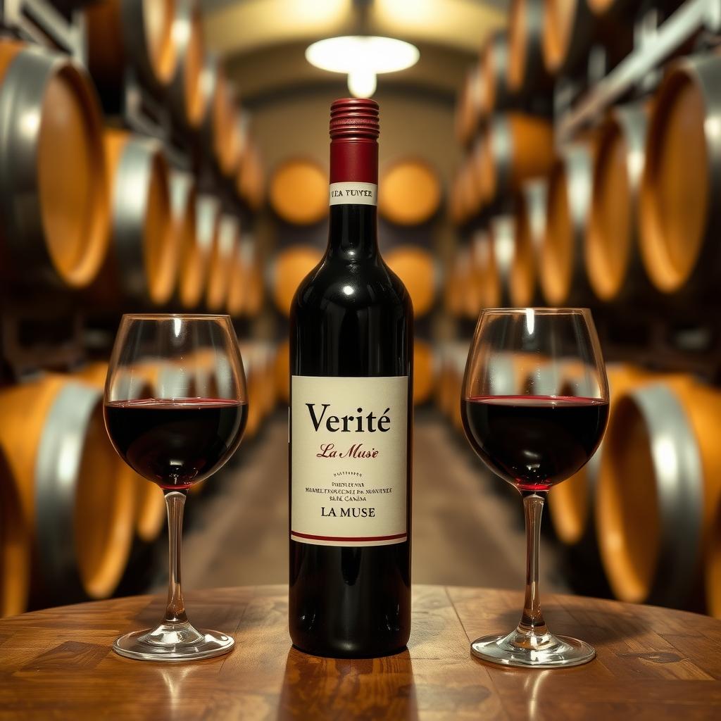 Verité La Muse bottle and wine glasses in a cozy barrel room with oak barrels