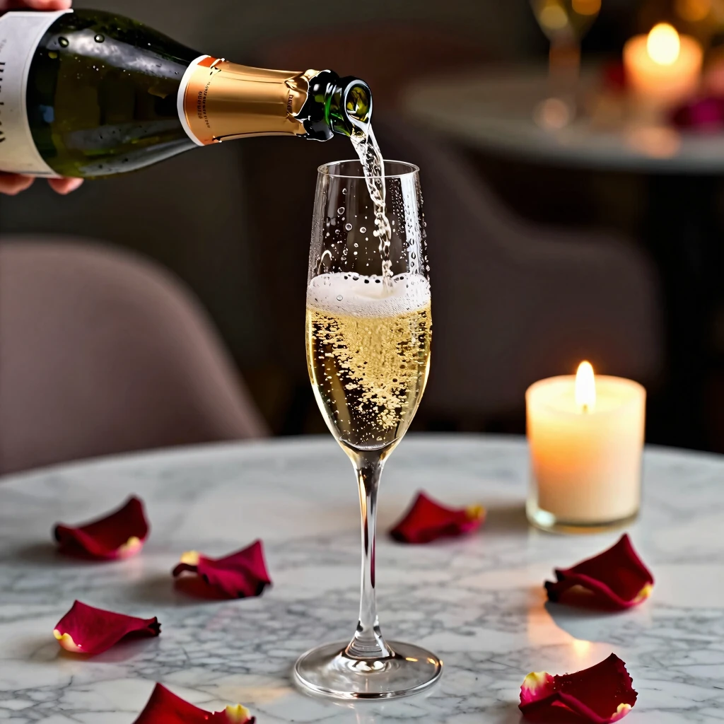 Effervescent pour of sparkling wine into a flute glass at dusk