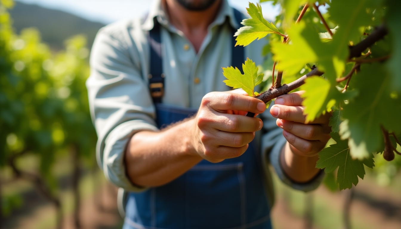 Vineyard worker tending grapevines in Sonoma County