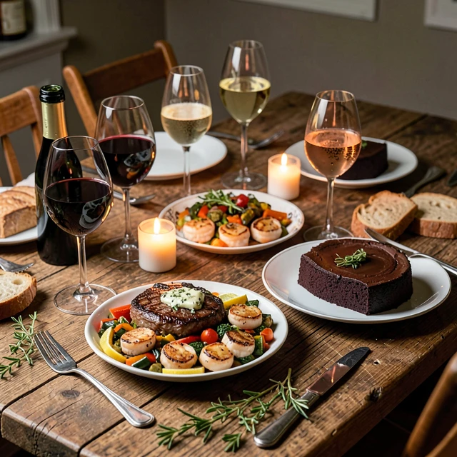 Diverse array of food dishes paired with various wines on a dining table