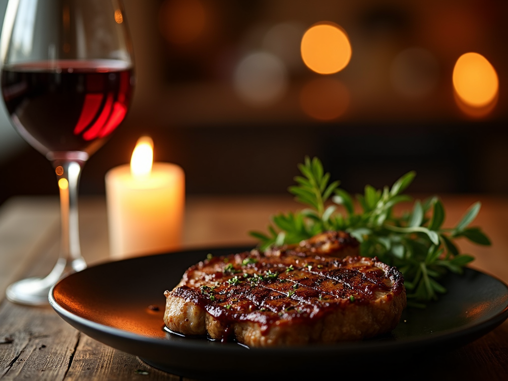 Red wine with steak on rustic table