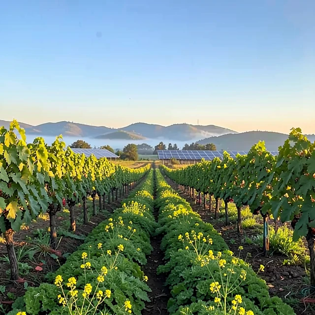 Sustainable vineyard in Napa Valley with cover crops and solar energy