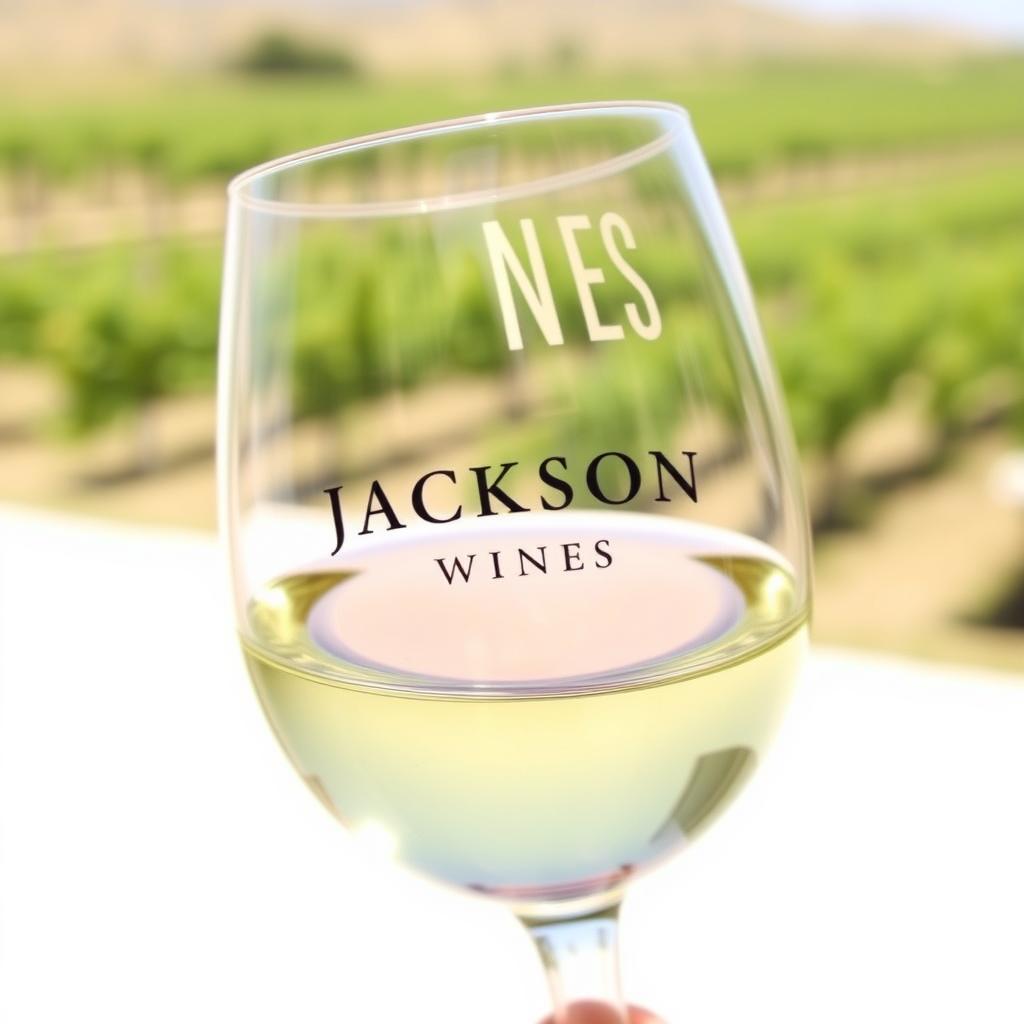 Close-up of a glass of Jackson Family Wines Chardonnay, pale gold with green tinges, against a white background with a blurred vineyard.