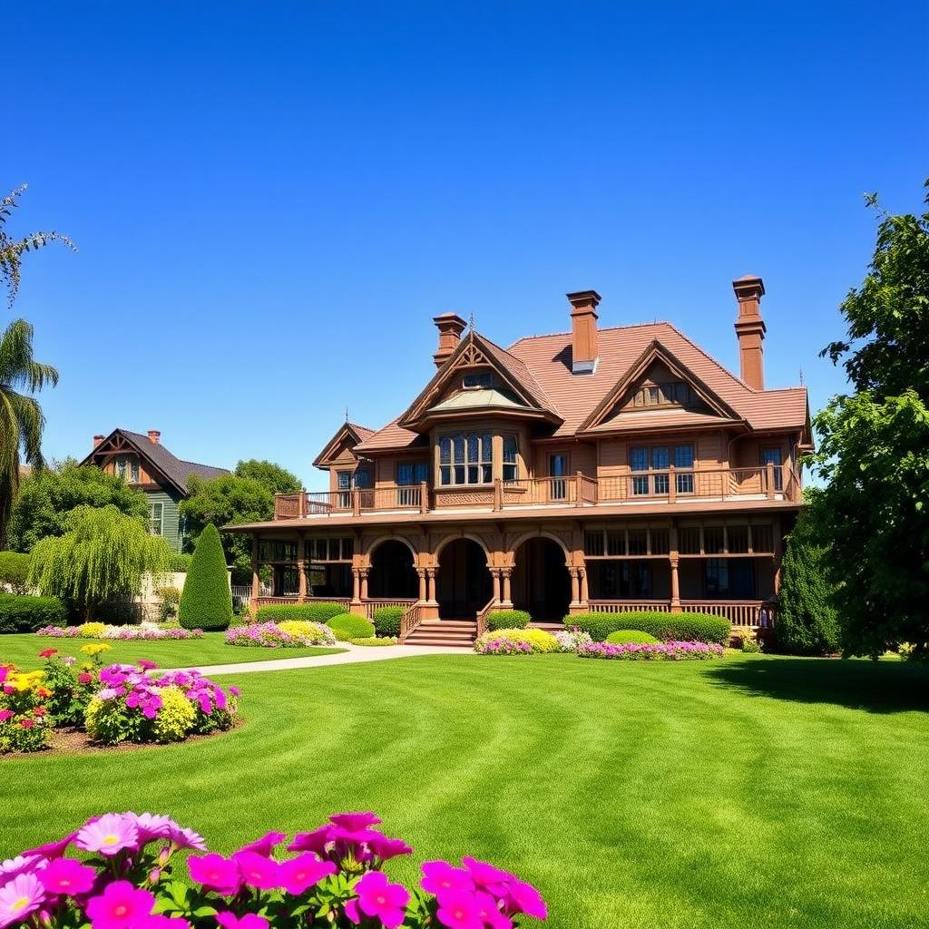 Beringer Vineyards’ Rhine House, a Victorian mansion with detailed woodwork, set against colorful gardens and a blue sky.
