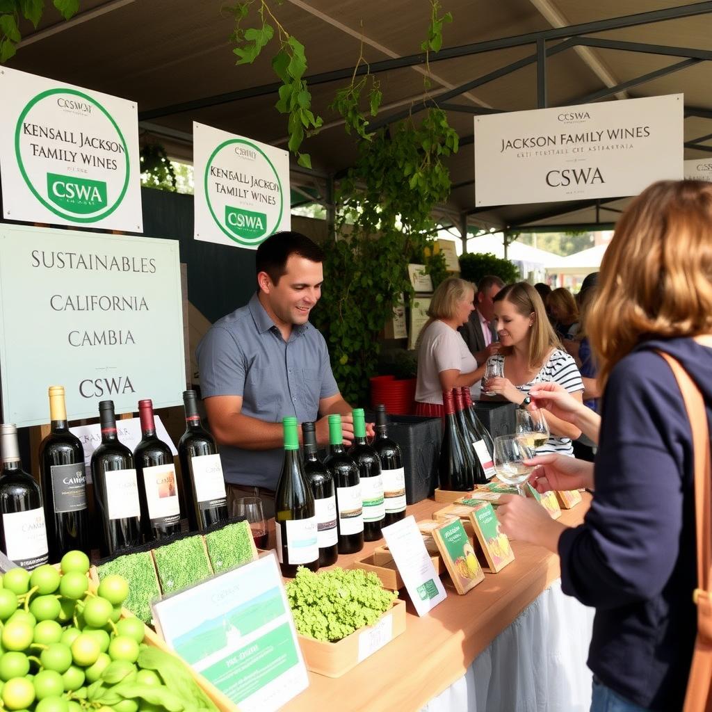Farmers’ market stall with Jackson Family Wines’ sustainable wines, greenery, and CSWA certification signs.