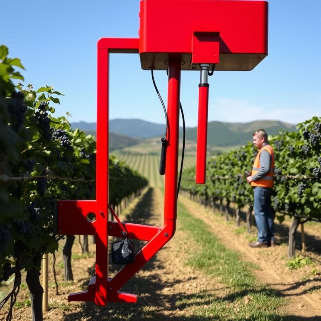 A mechanical pruner operates in a vineyard, monitored by a worker in a high-visibility vest.