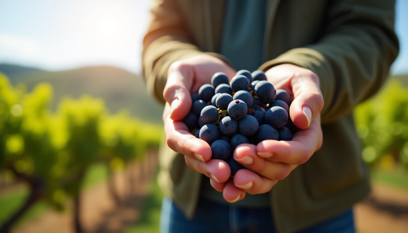 Vintner holding grapes in vineyard