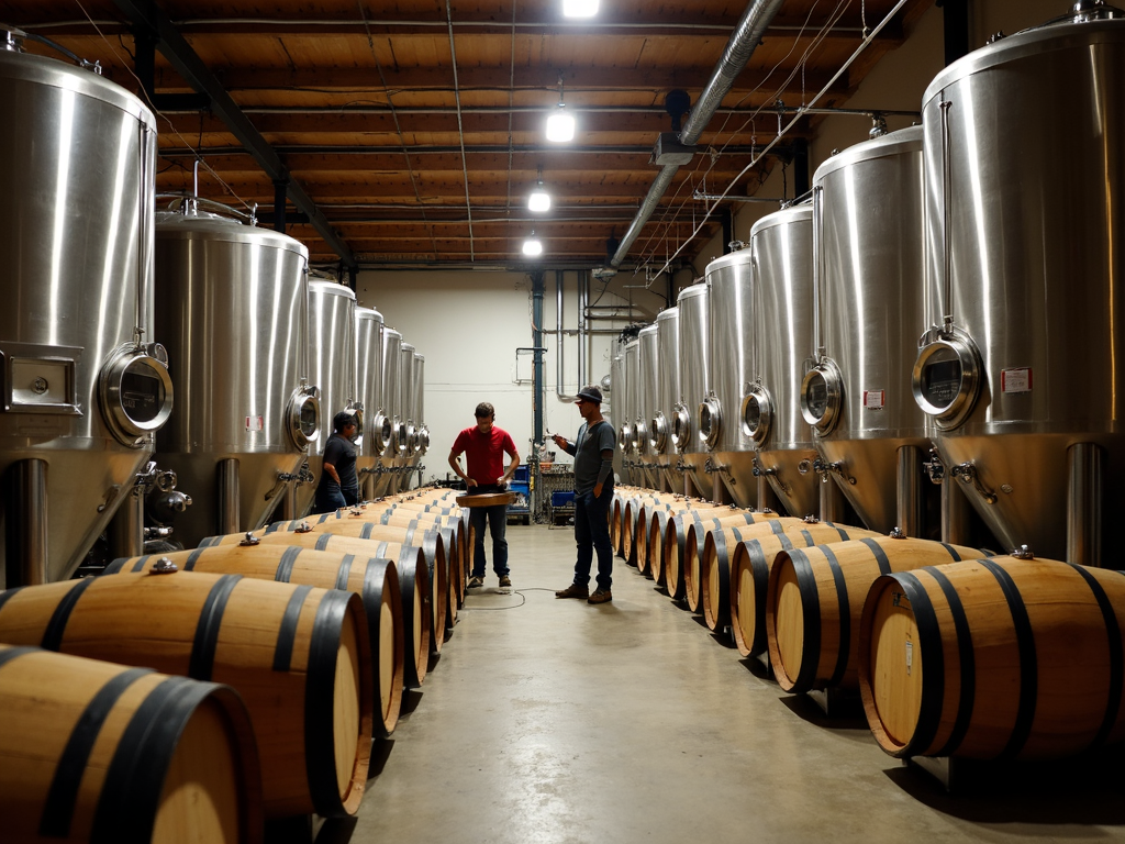 Inside a modern winery with stainless steel tanks and wooden barrels