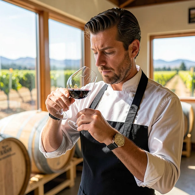 Sommelier demonstrating how to taste wine like a pro in a California winery
