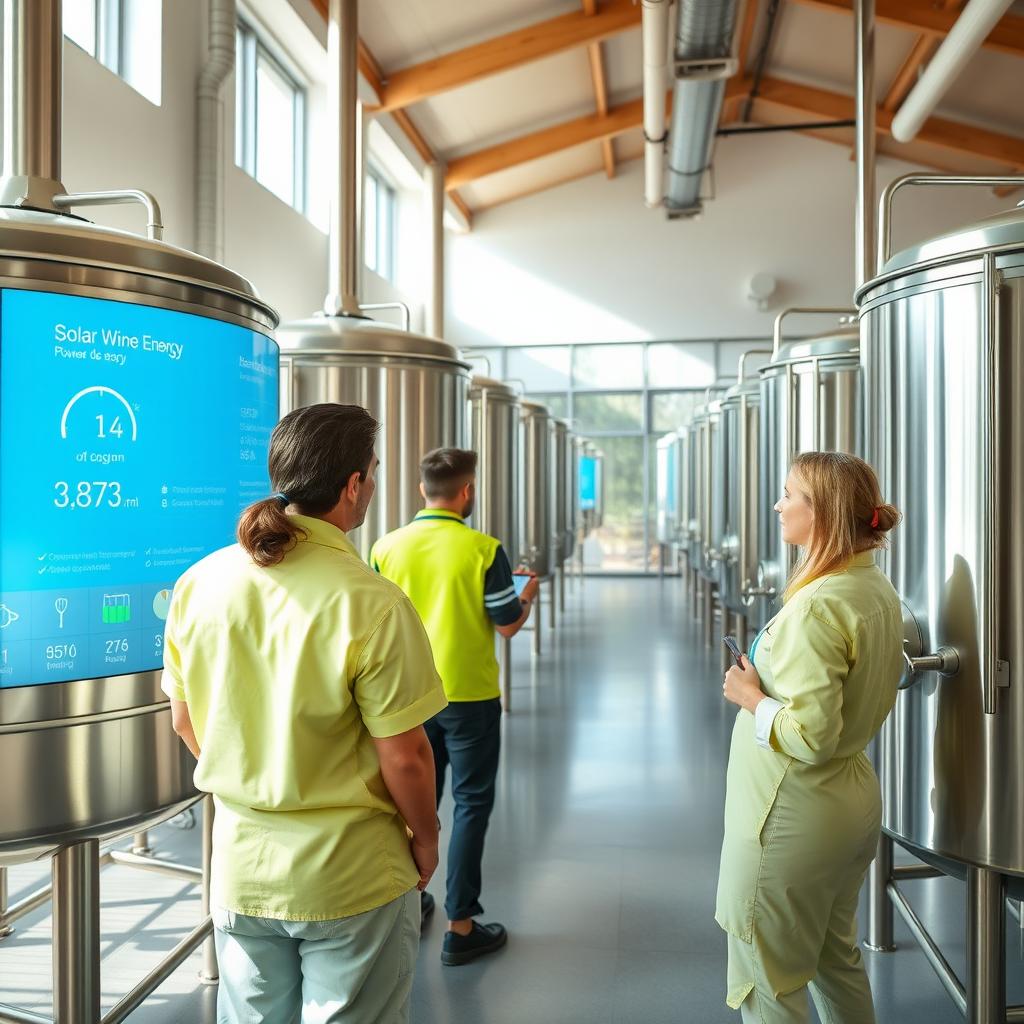 Inside a sustainable winery with solar-powered fermentation tanks and digital displays