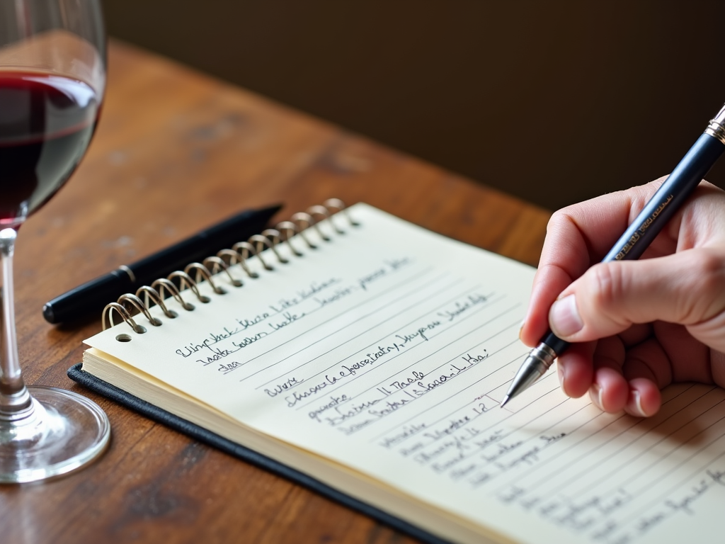 Taking notes during a wine tasting session.