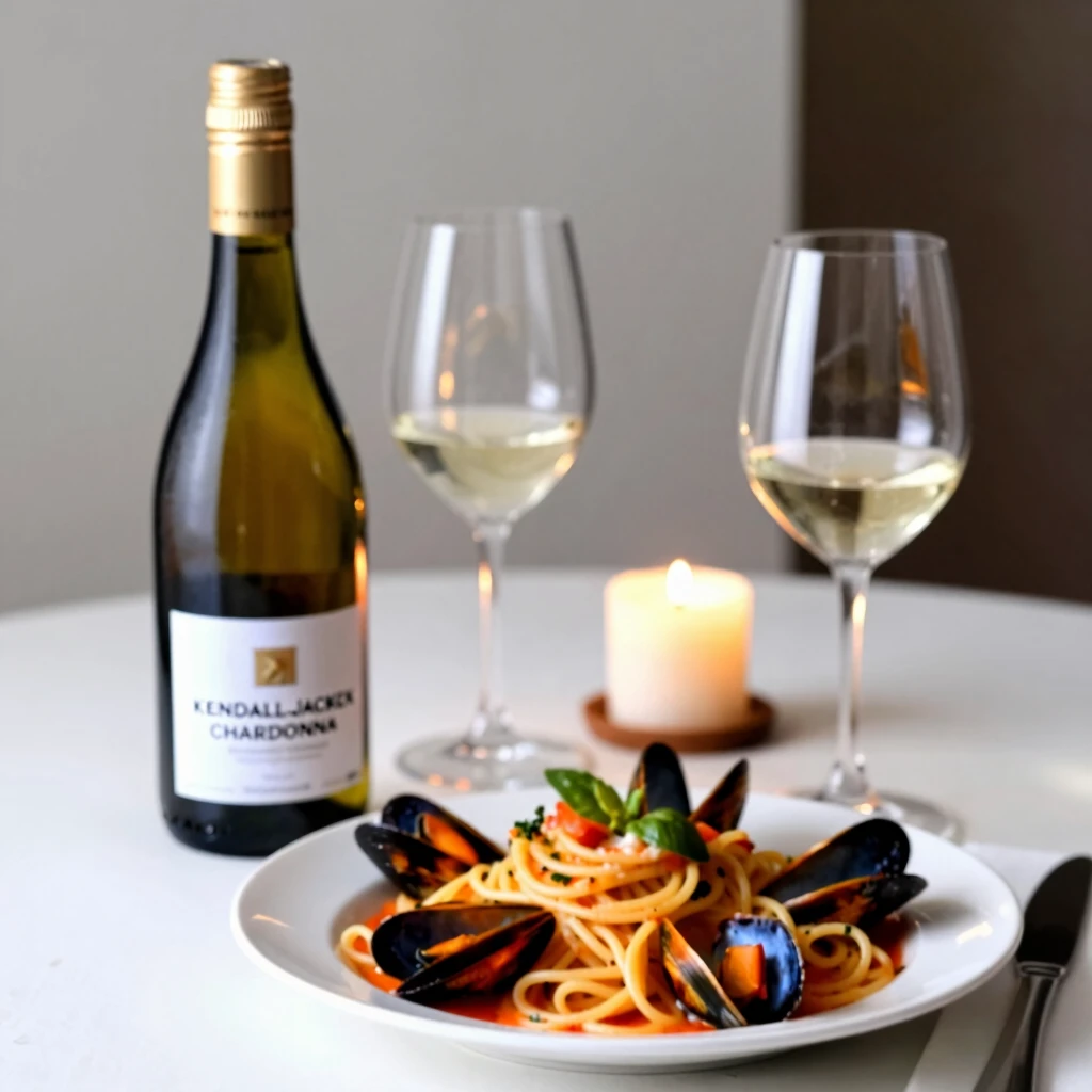Elegant dinner table with Kendall-Jackson Chardonnay and seafood pasta