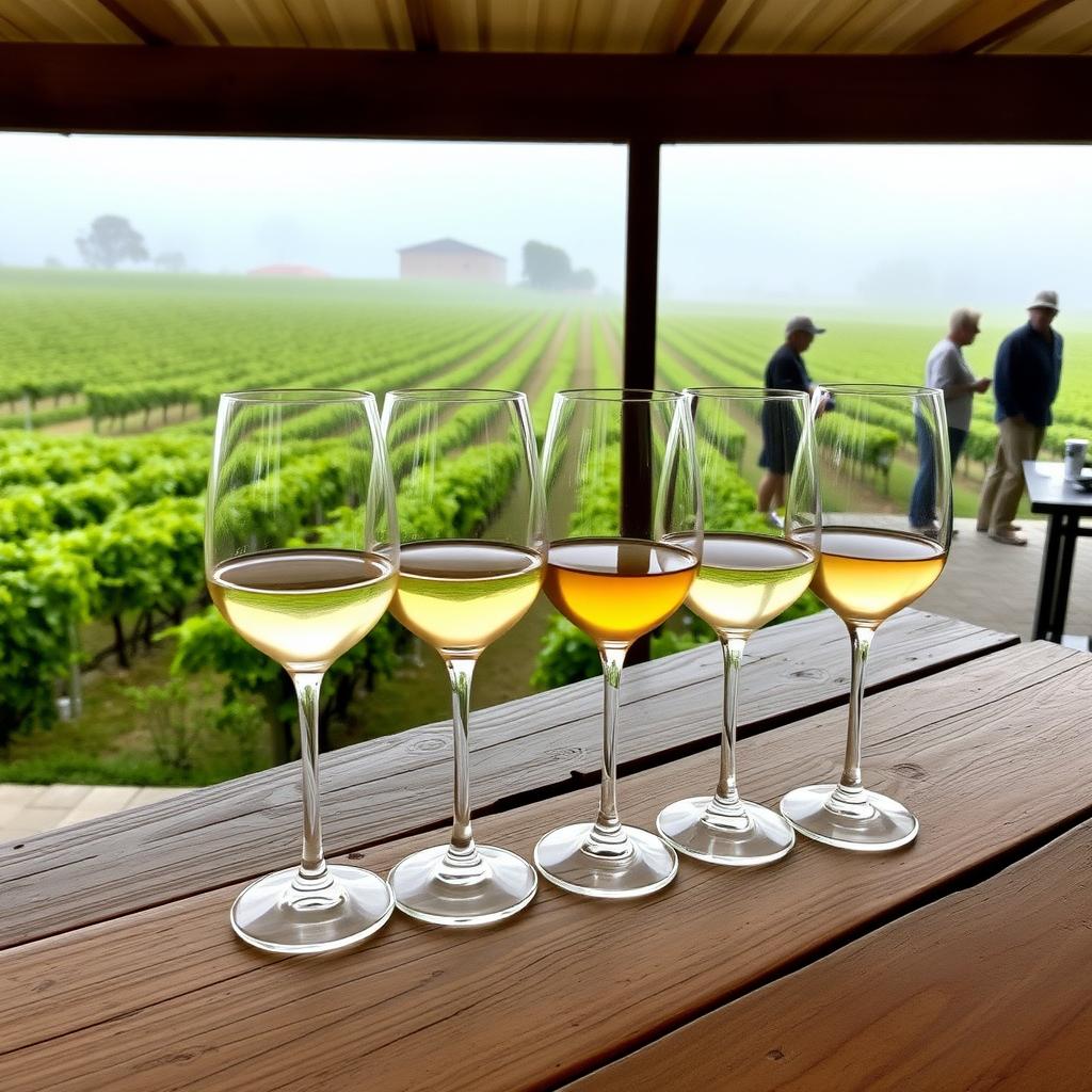 Wine tasting setup at La Crema Estate with Chardonnay and Chenin Blanc