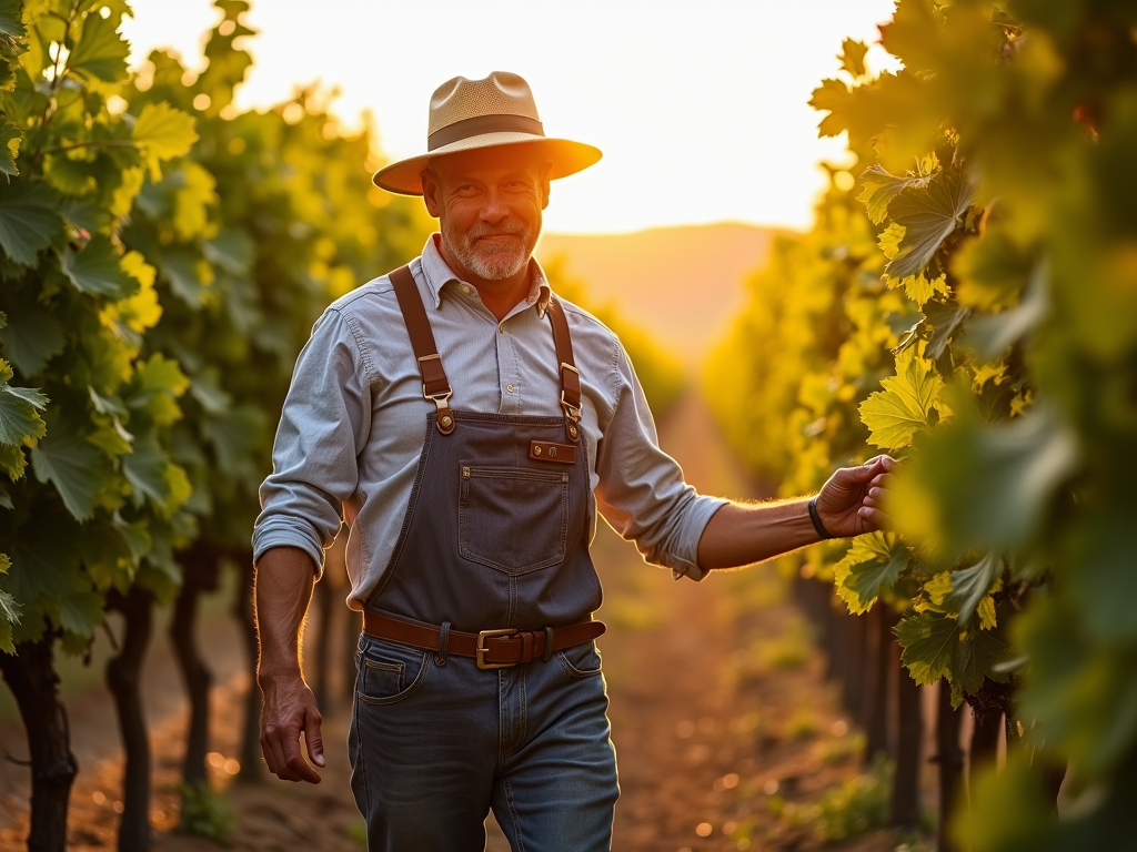 Winemaker inspecting grapes in a sunlit vineyard.