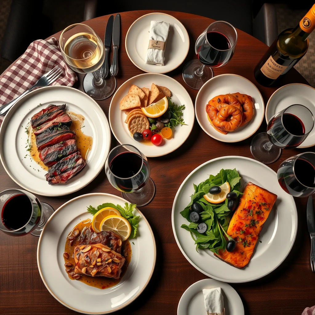Elegant dinner table with various foods and paired red and white wines