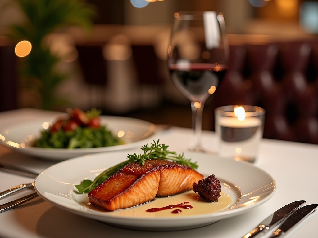 A delightful pairing of grilled salmon with a glass of Pinot Noir on an elegant table setting.