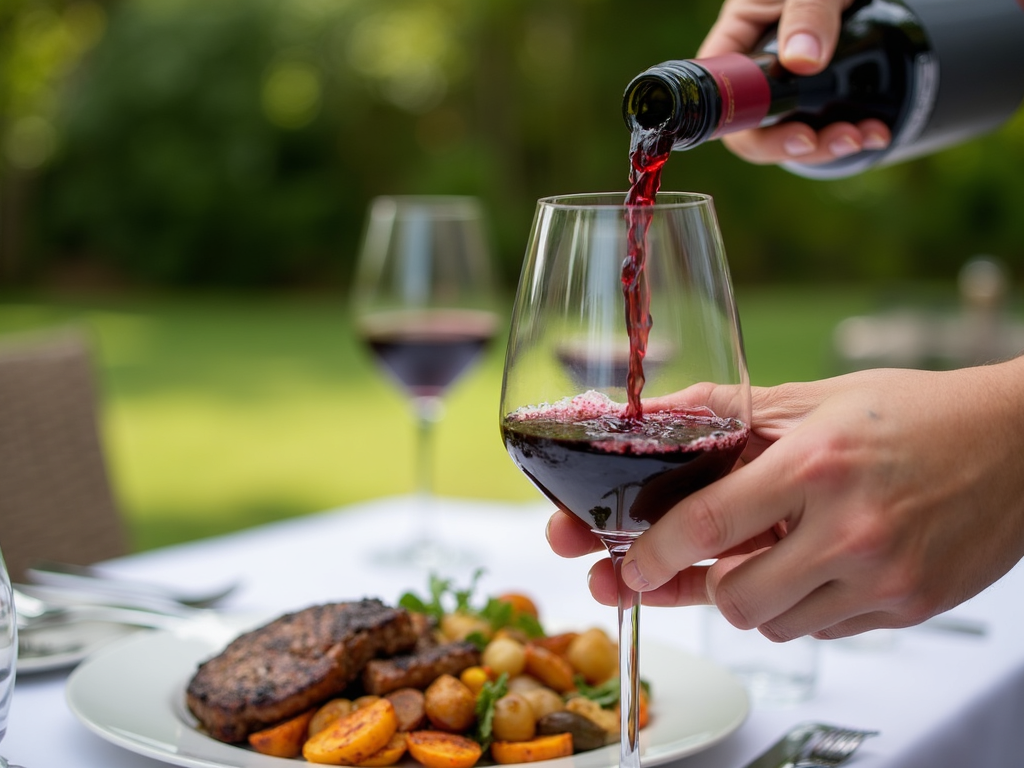 Pouring Cabernet Sauvignon at an outdoor dinner with steak