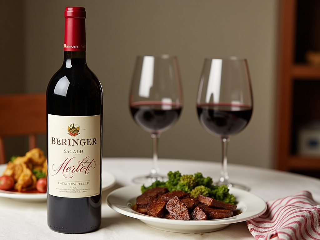 A bottle of Beringer Merlot paired with a delicious meal.