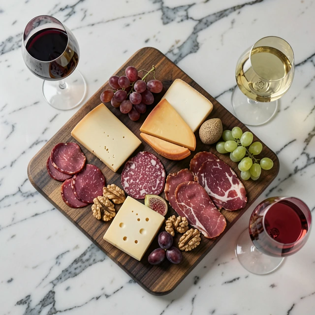 Cheese and wine pairing board with multiple glasses