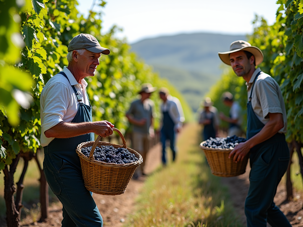 Workers harvesting grapes in a vineyard