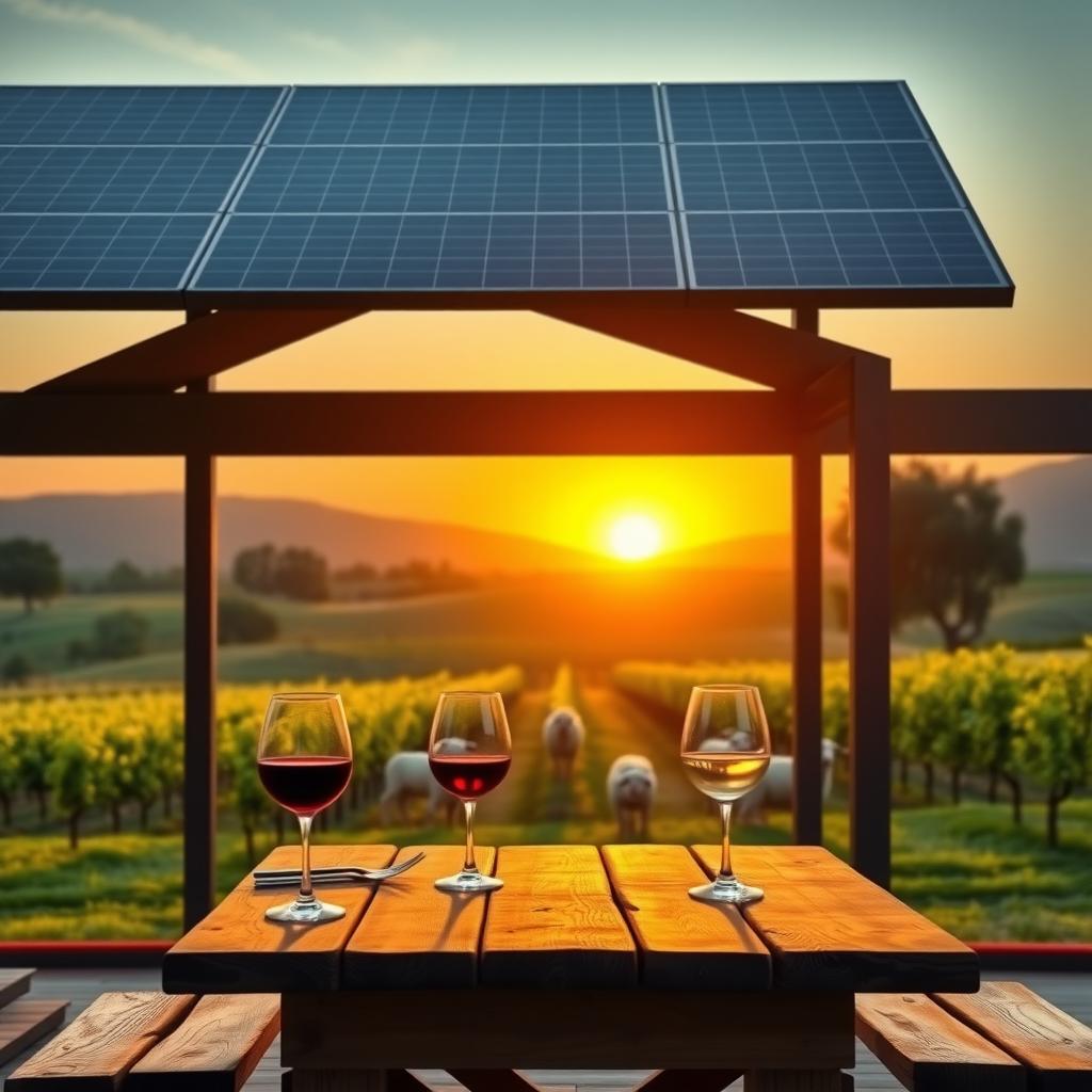 Solar-powered Sonoma winery tasting room with Pinot Noir and Chardonnay, surrounded by vineyards and sheep.
