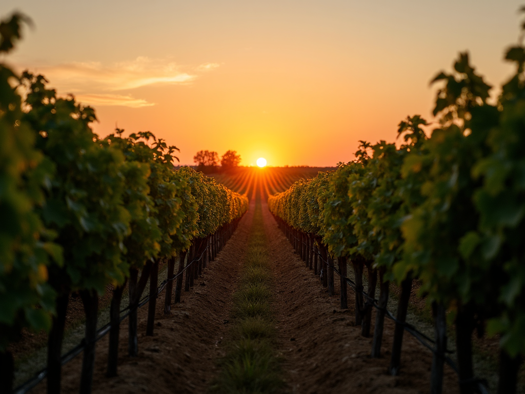A serene vineyard scene at sunset.