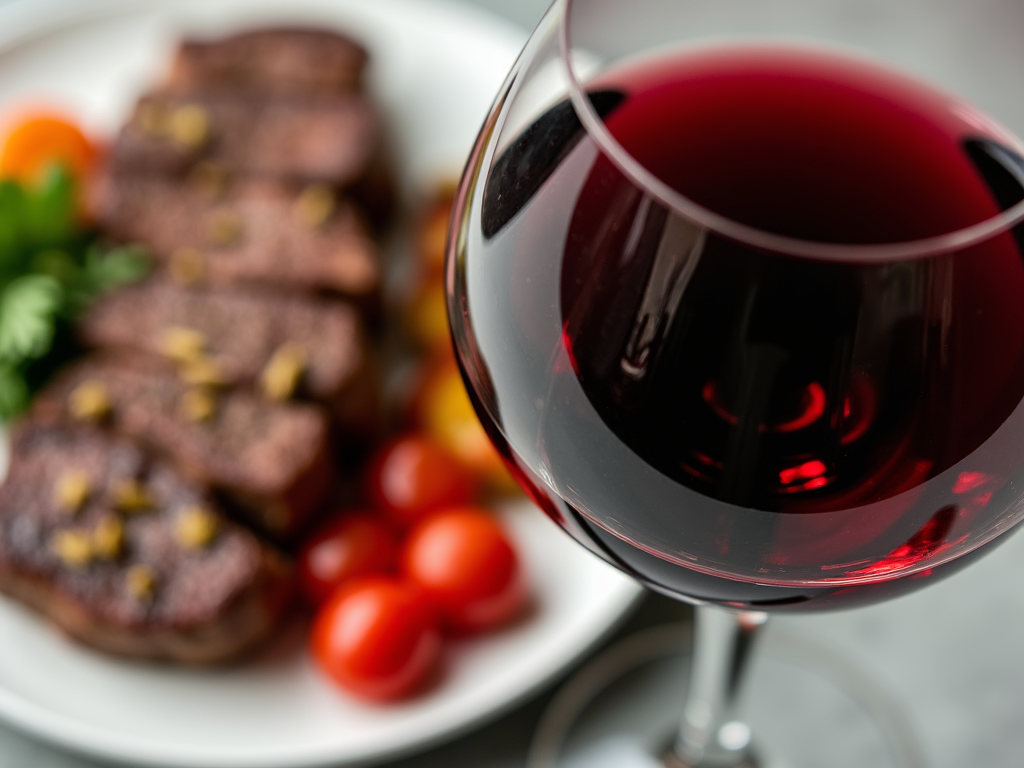 A glass of red wine paired with a steak dinner