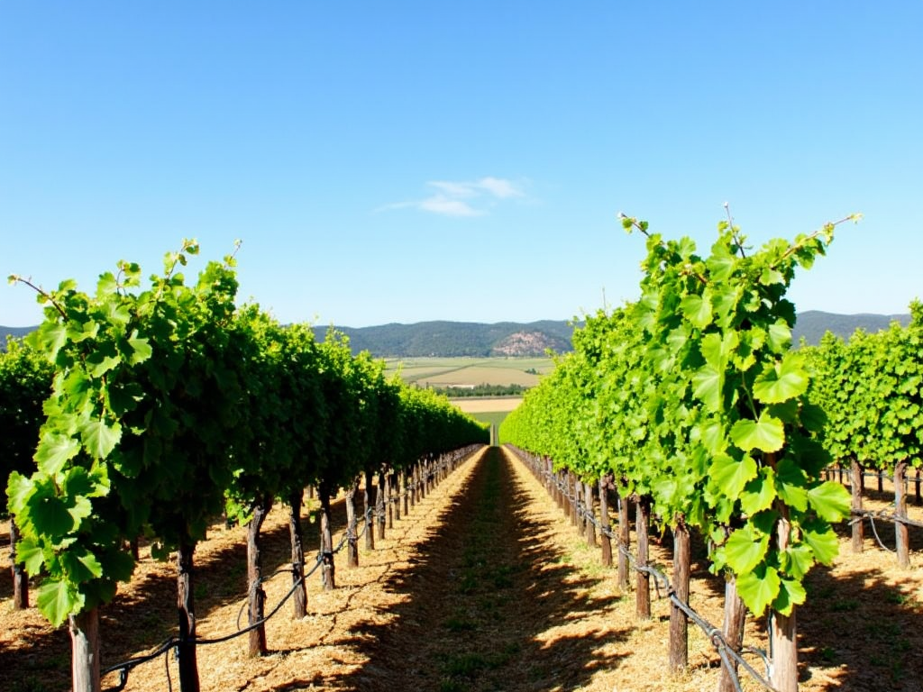 A vibrant vineyard scene with healthy grapevines and diverse plant life.
