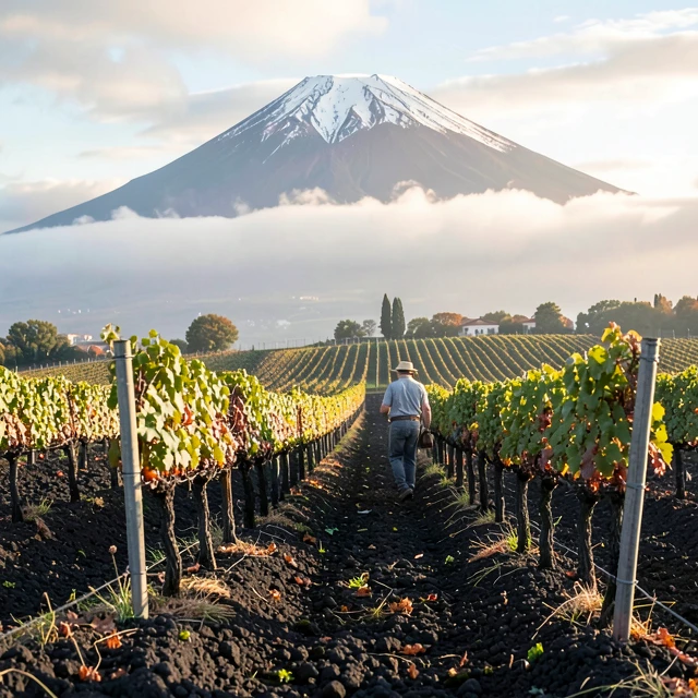 Volcanic vineyards on Mount Etna with the volcano in the background