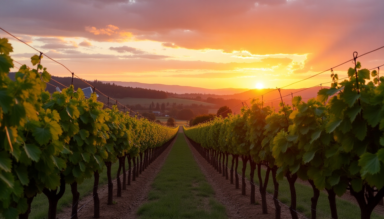 A vineyard at sunset with rows of vines representing Jackson Family Wines’ commitment to sustainable farming.