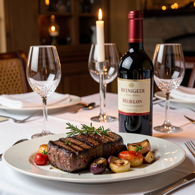 Elegant red wine and steak pairing setup with Beringer Merlot