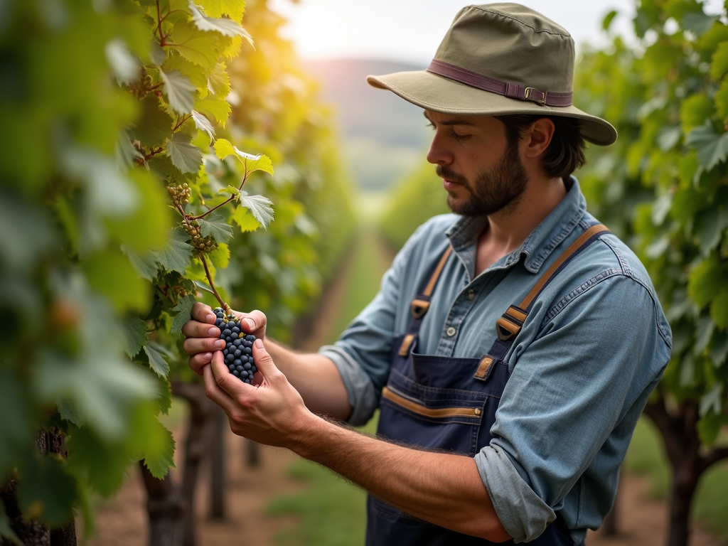 Winemaker inspecting grapes in vineyard