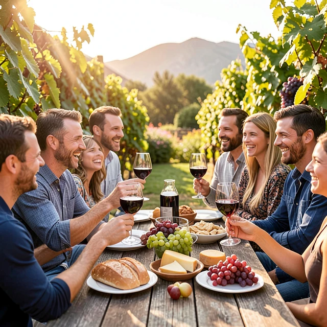Friends enjoying a wine tasting at a family-owned winery in California