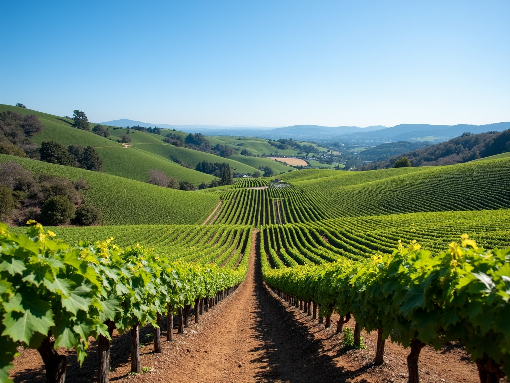 A scenic view of Napa Valley's rolling hills, dotted with vineyards and a clear blue sky, inviting wine lovers.