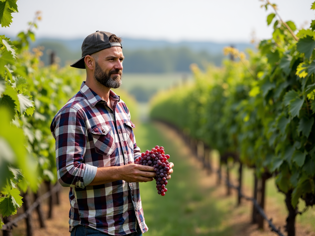 Winemaker holding grapes in a biodiverse vineyard