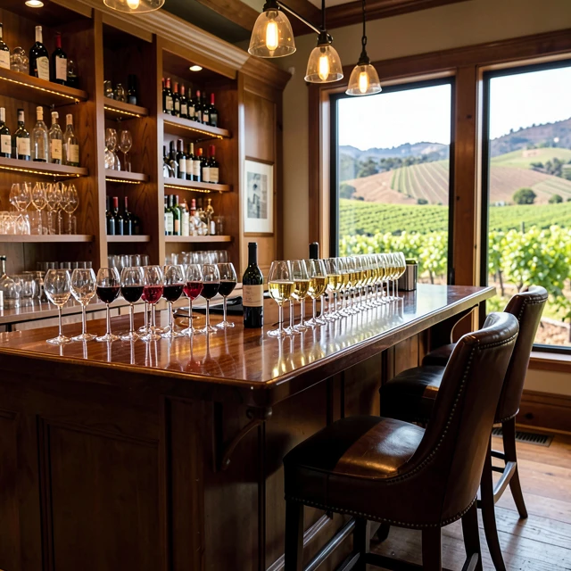 Elegant wine tasting room in Sonoma County with glasses of wine on wooden bar