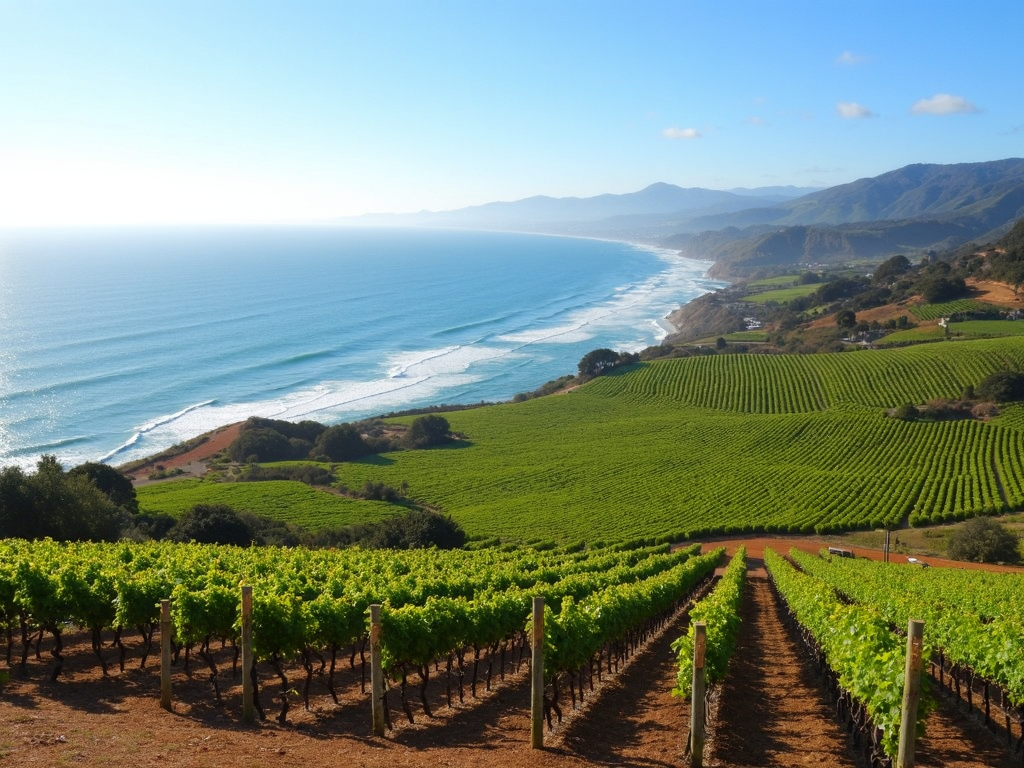 Vineyards on the Sonoma Coast with the Pacific Ocean in the background.