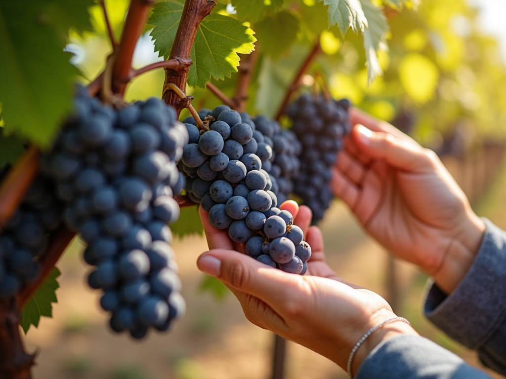 Winemaker inspecting grapes at Beringer