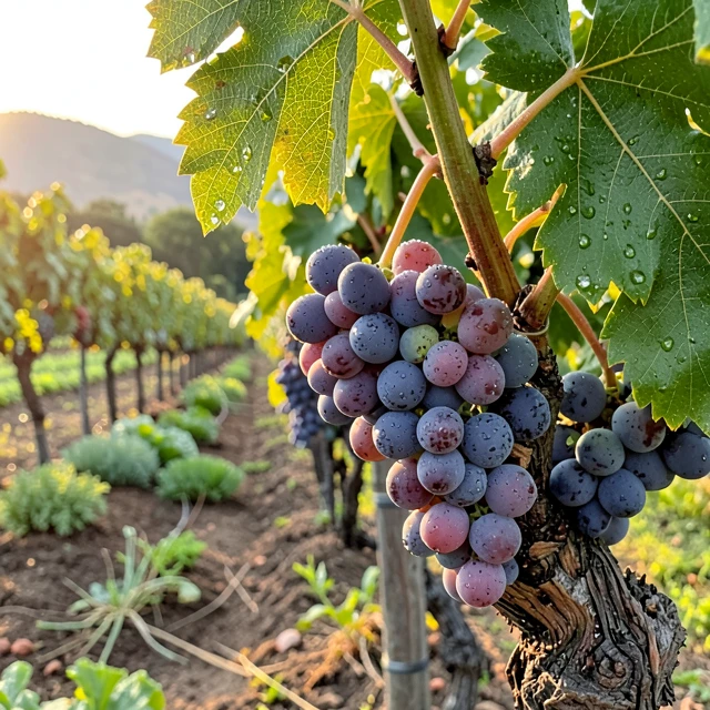 Close-up of grapes in a sustainable California vineyard
