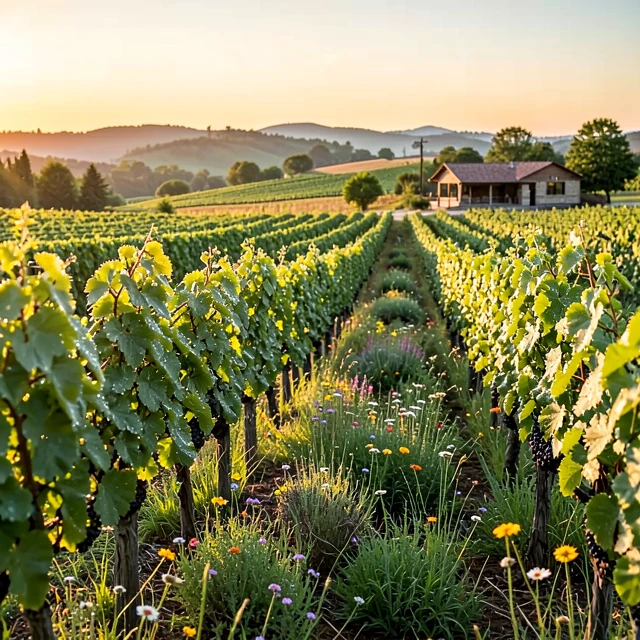 Sustainable vineyard with cover crops and wildflowers at sunrise