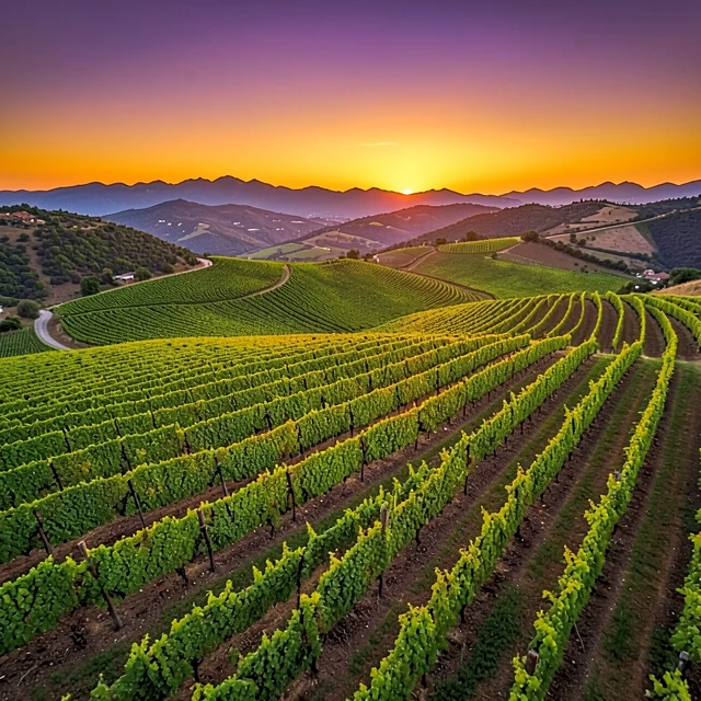 Scenic aerial view of Napa Valley vineyards at sunset