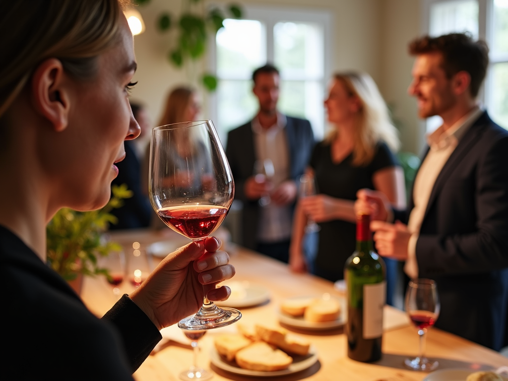 A person smelling wine at a busy tasting event.