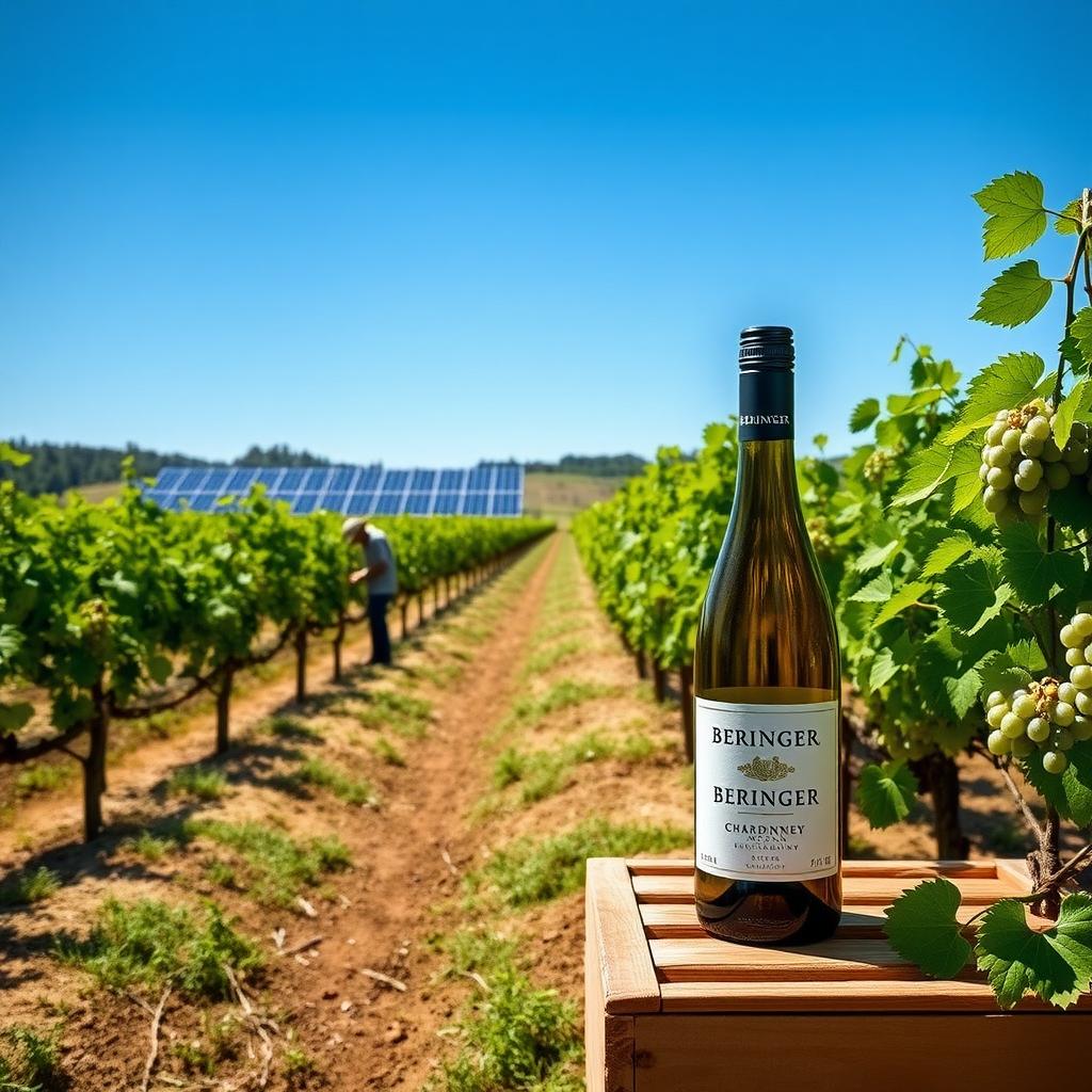 Beringer’s sustainable vineyard with workers harvesting grapes and a Chardonnay bottle on a crate.