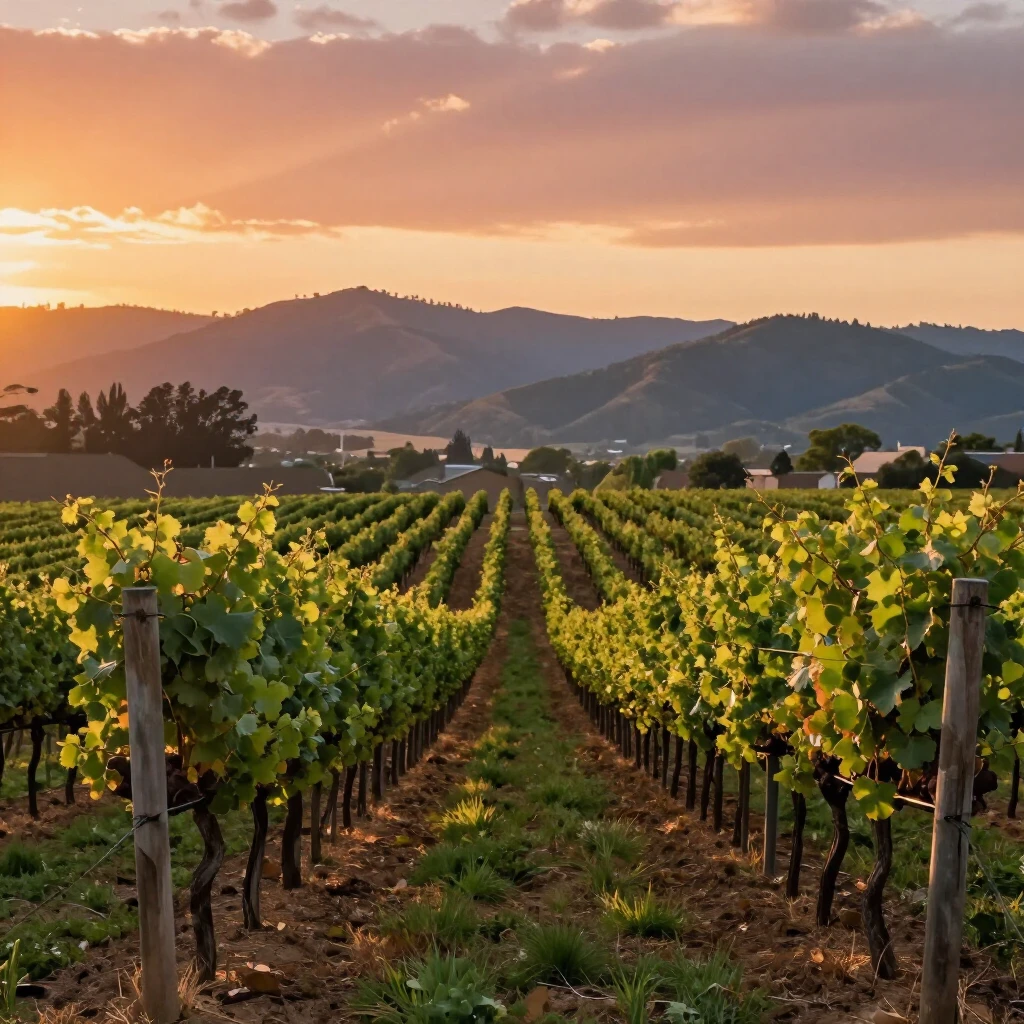 Napa Valley vineyards at sunset with mountains in the background
