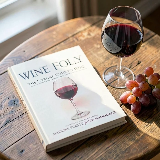 Wine Folly book cover displayed with a glass of red wine