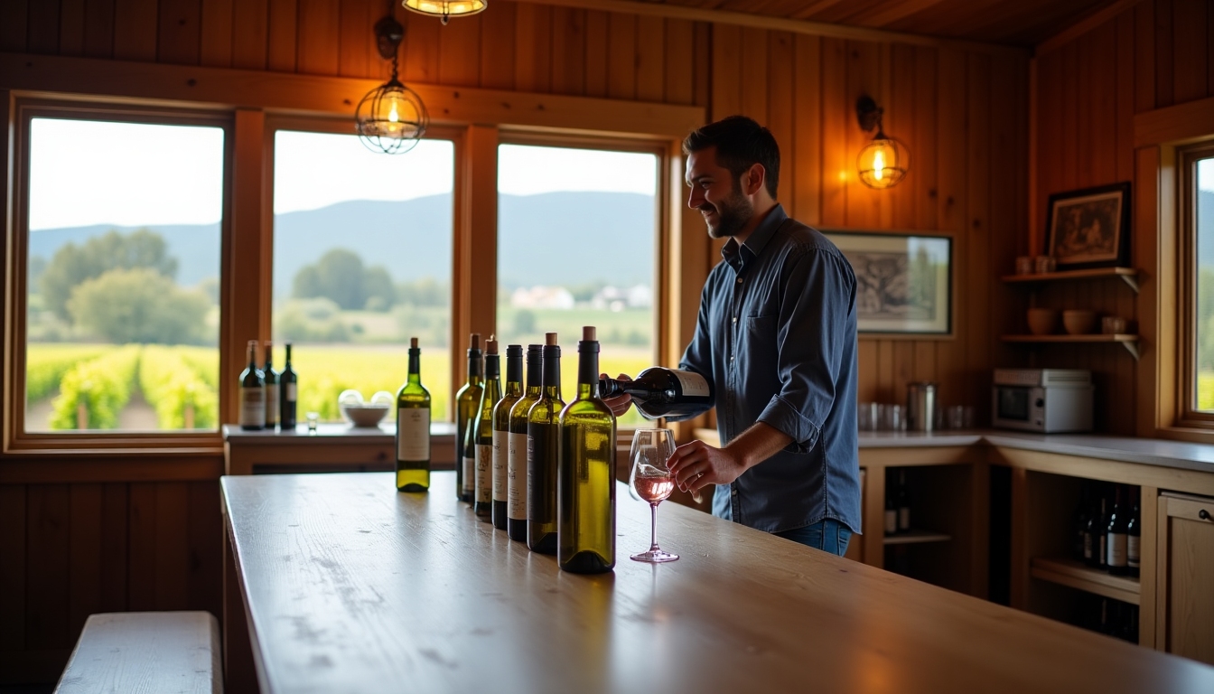 Winemaker pouring wine at a family-run vineyard
