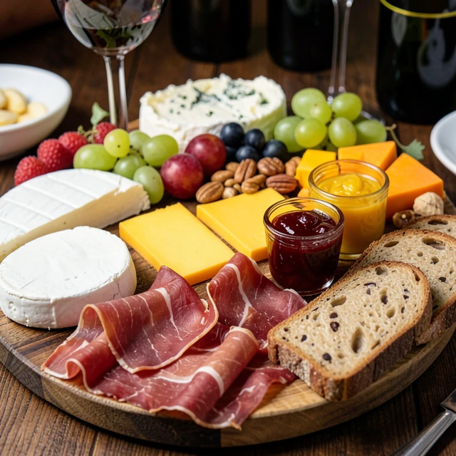 Delicious charcuterie board with cheeses, meats, and fruits perfect for wine pairing