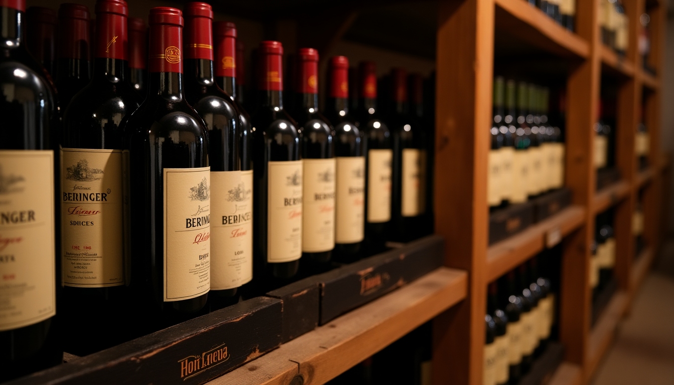 Bottled Beringer wine in a rustic wine cellar.