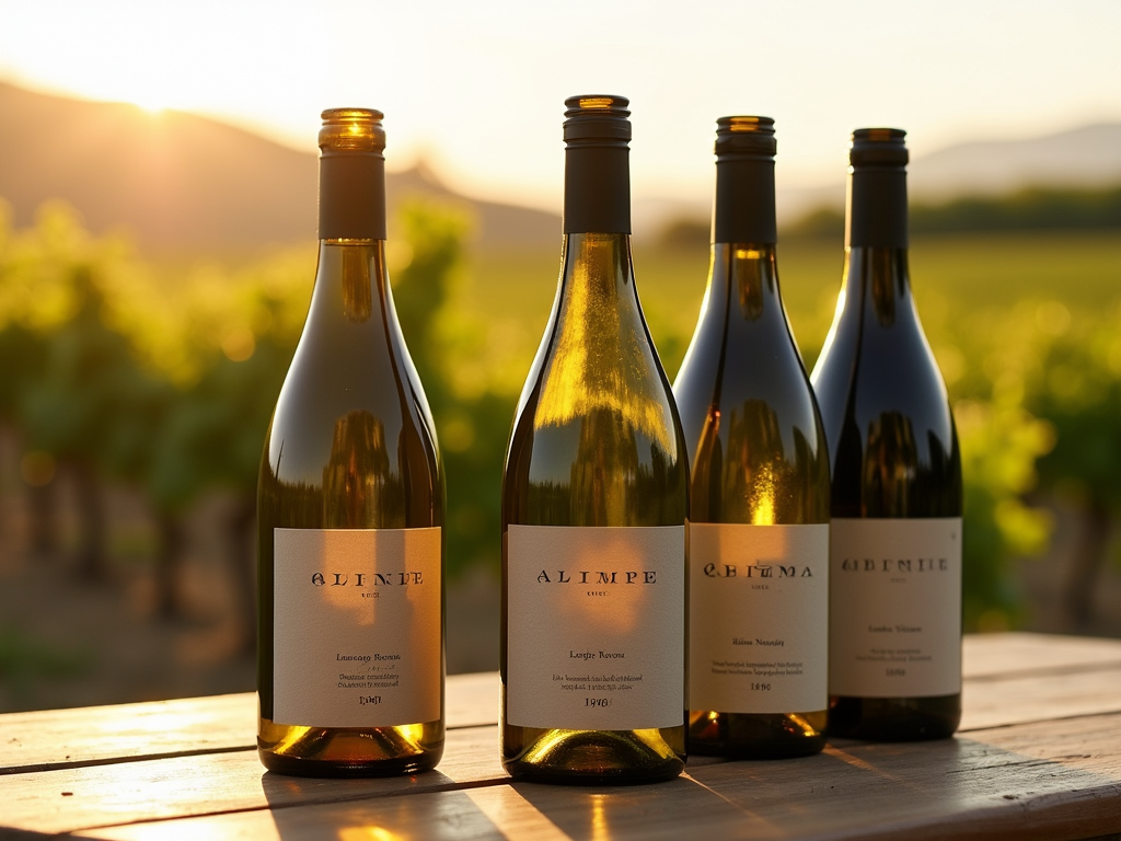 Recycled glass wine bottles with eco-friendly labels